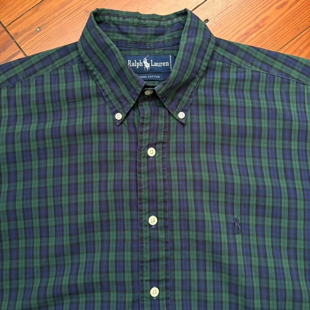 Vintage Polo Ralph Lauren Shirt Men's Size L Short Sleeve Blackwatch Plaid Logo